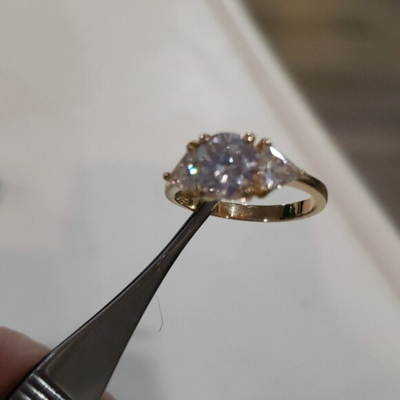 Round cut three stone ring. Simulated Round Stone Elevated Two Trillion Stones - Picture 6 of 9